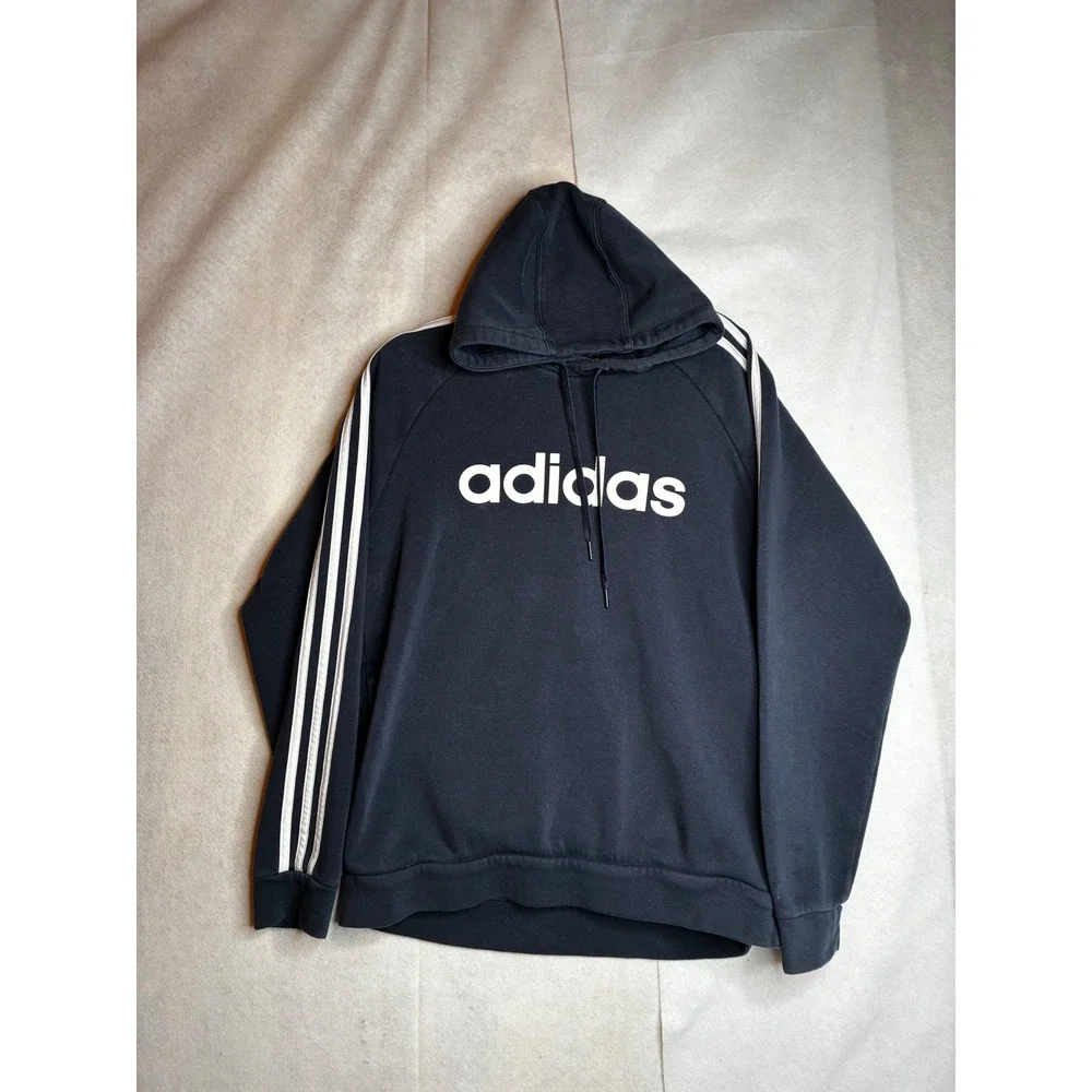 Adidas Mens Navy Blue‎ 3 Stripe Pullover Hoodie Sweatshirt Medium Fleece Lined